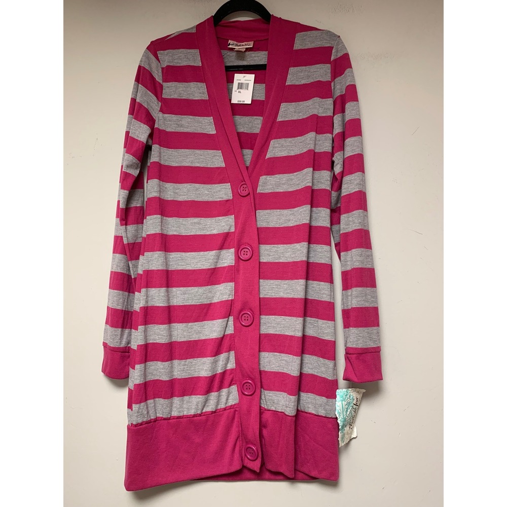 Belle du Jour Longline Cardigan Womens XL Pink Gray New Striped Button Front